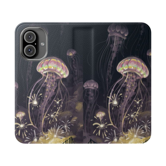 Artistic phone case with a beautiful nature and scenery design featuring a jellyfish, night sky, fireworks, and bridge.