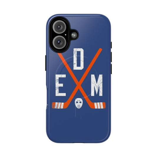 Retro-inspired blue magnetic tough phone case with oilers and hockey-themed design