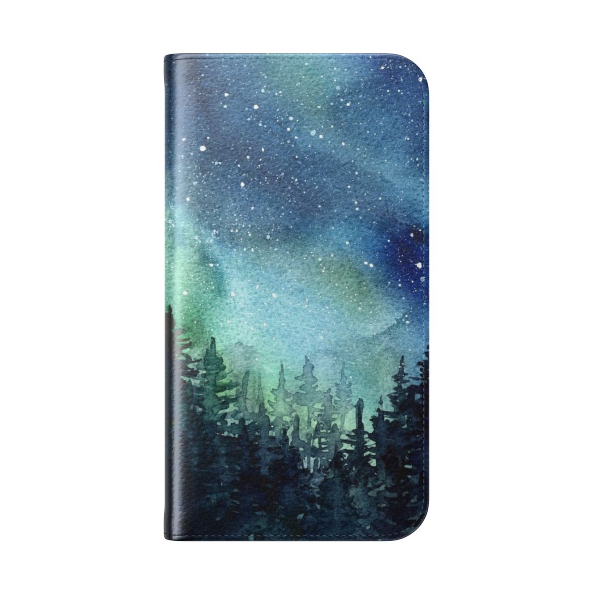 Watercolor painting of a cosmic galaxy nebula with aurora northern lights on a phone case - Folded Back