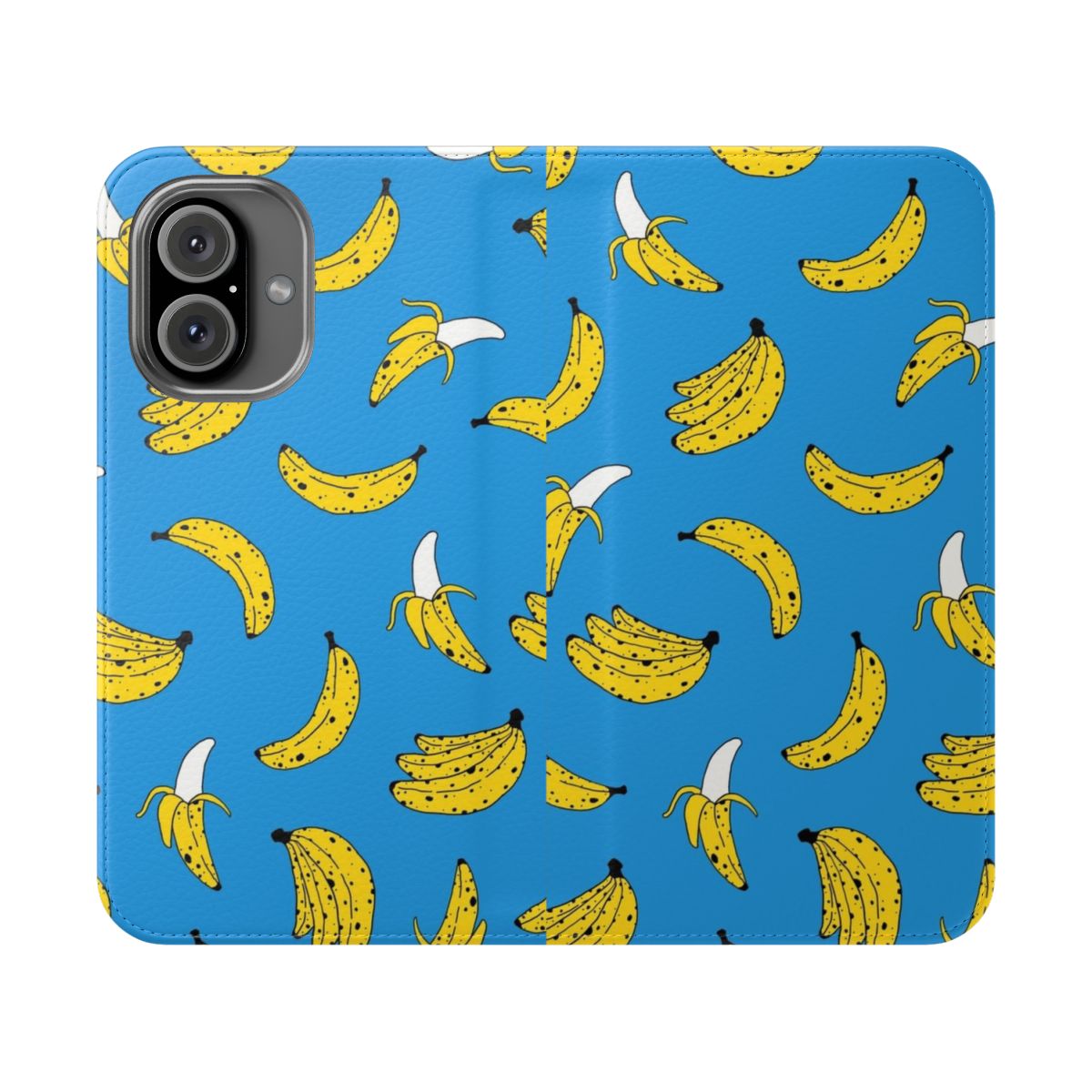 Vibrant yellow banana print on a flip cover phone case