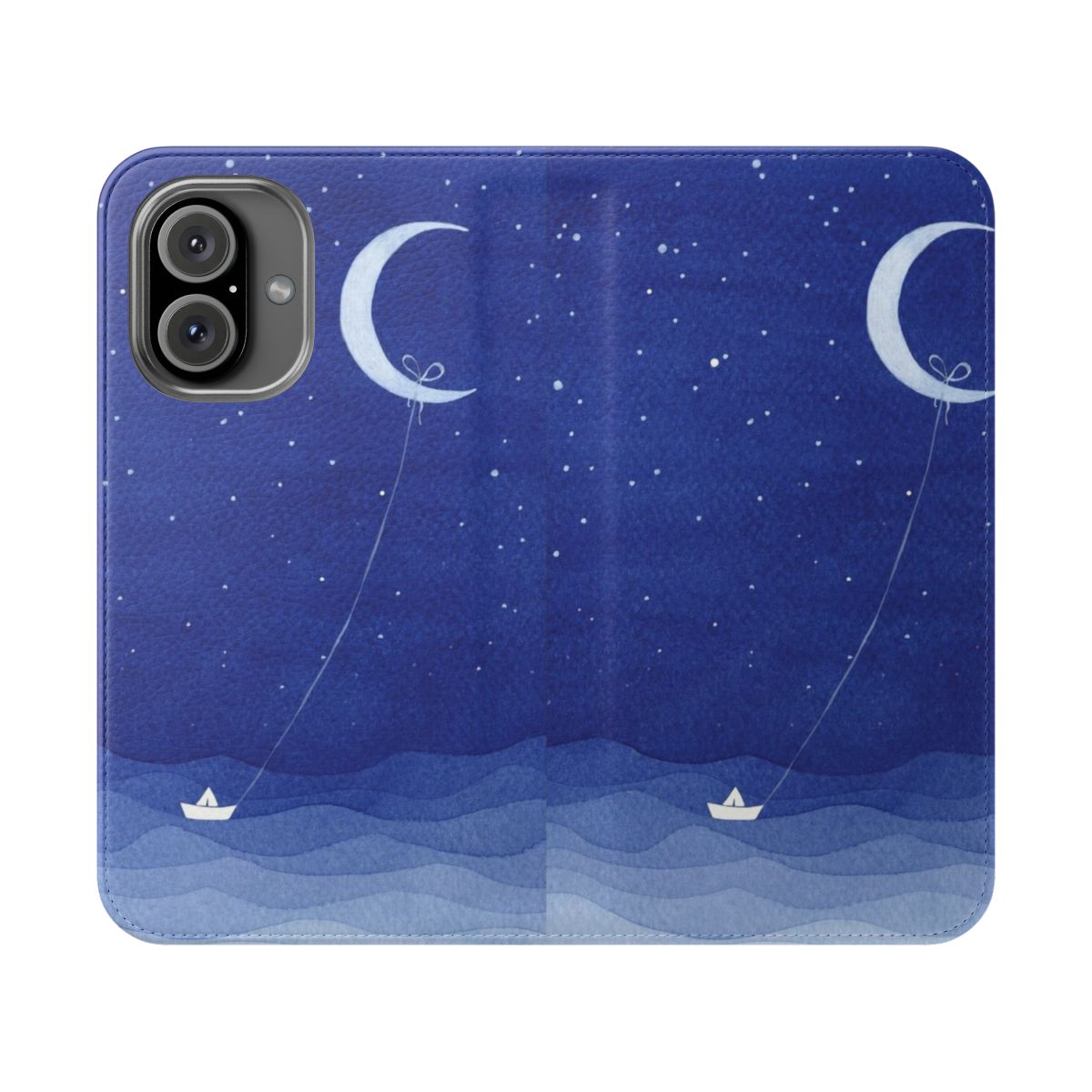 Flip cover phone case featuring a watercolor design of the moon, waves, and a sailboat on the ocean at night.