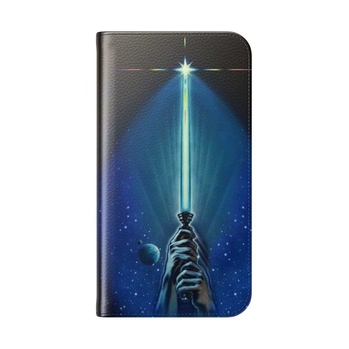 Flip cover phone case with a lightsaber design for Star Wars fans - Folded Back