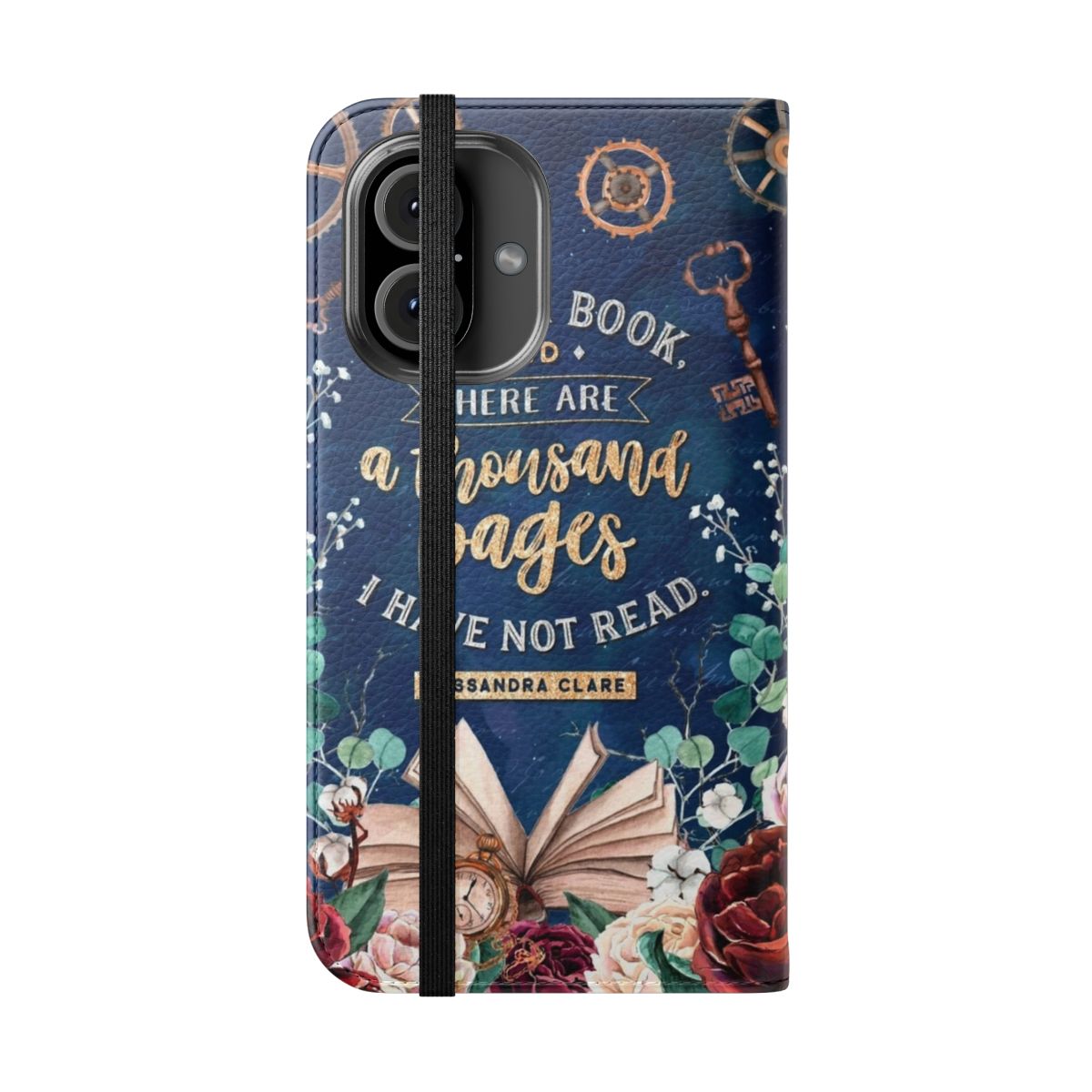 Vintage-style phone case with book, floral, and steampunk design elements. - Folded Front