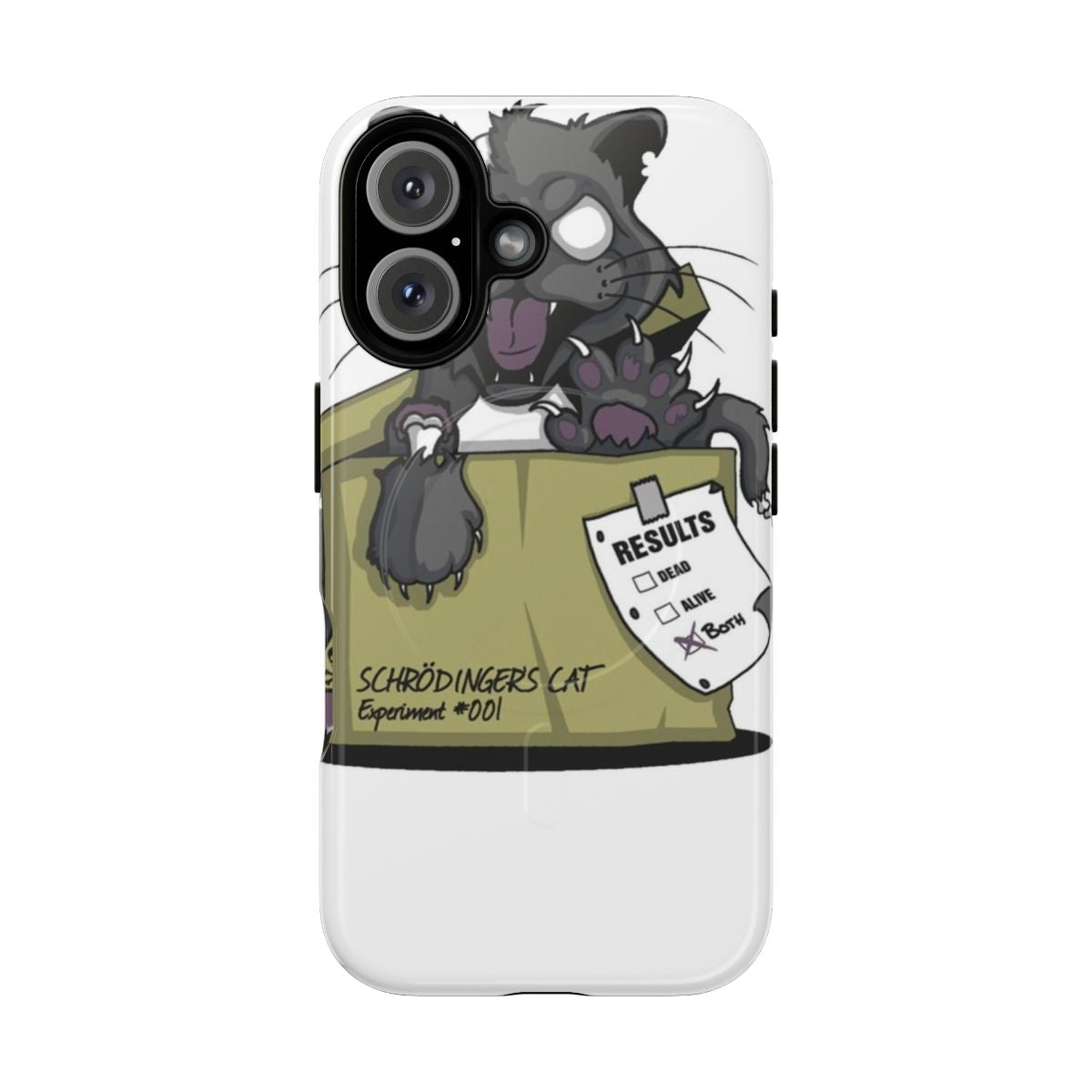 Magnetic phone case with Schrodinger's cat design, featuring a cat in a mysterious box inspired by the famous quantum physics thought experiment.