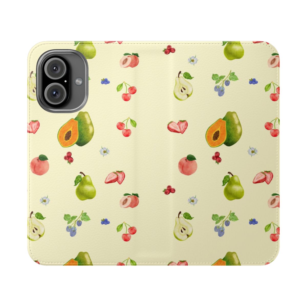 Colorful flip phone case with a vintage, scandinavian-inspired fruit design