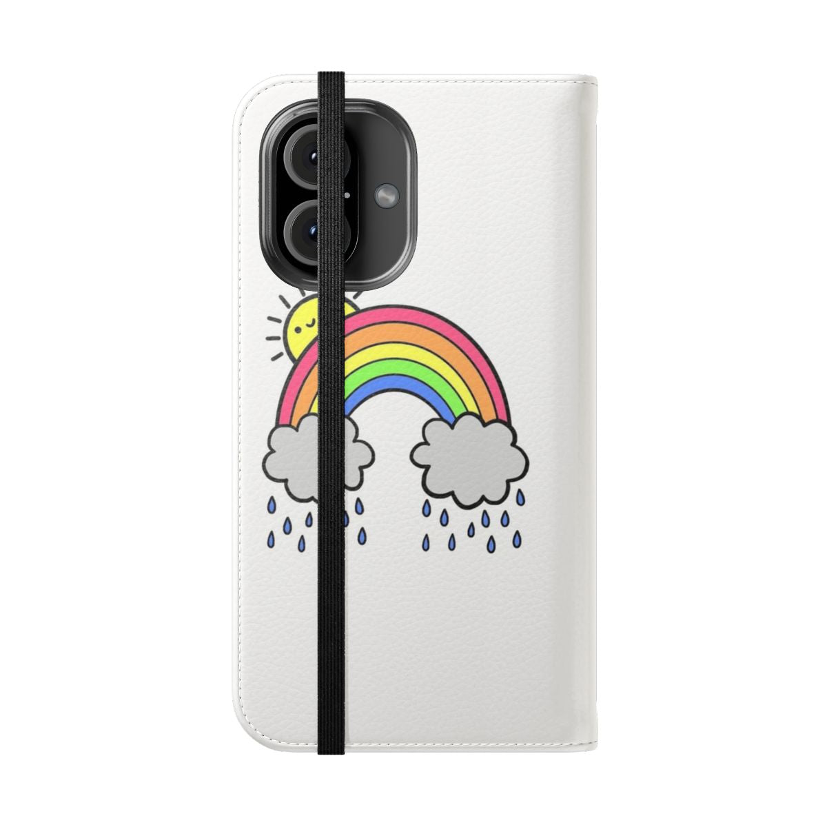 Vibrant colorful phone case with a design featuring rainbows and clouds against a blue sky - Folded Front