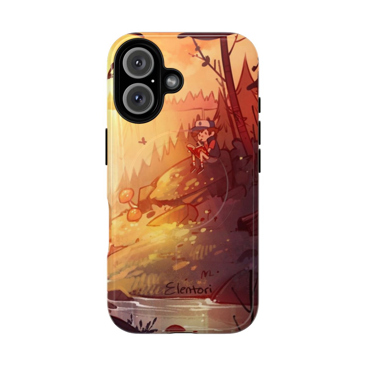 Gravity Falls inspired landscape with waterfall and forest on a durable, magnetic phone case