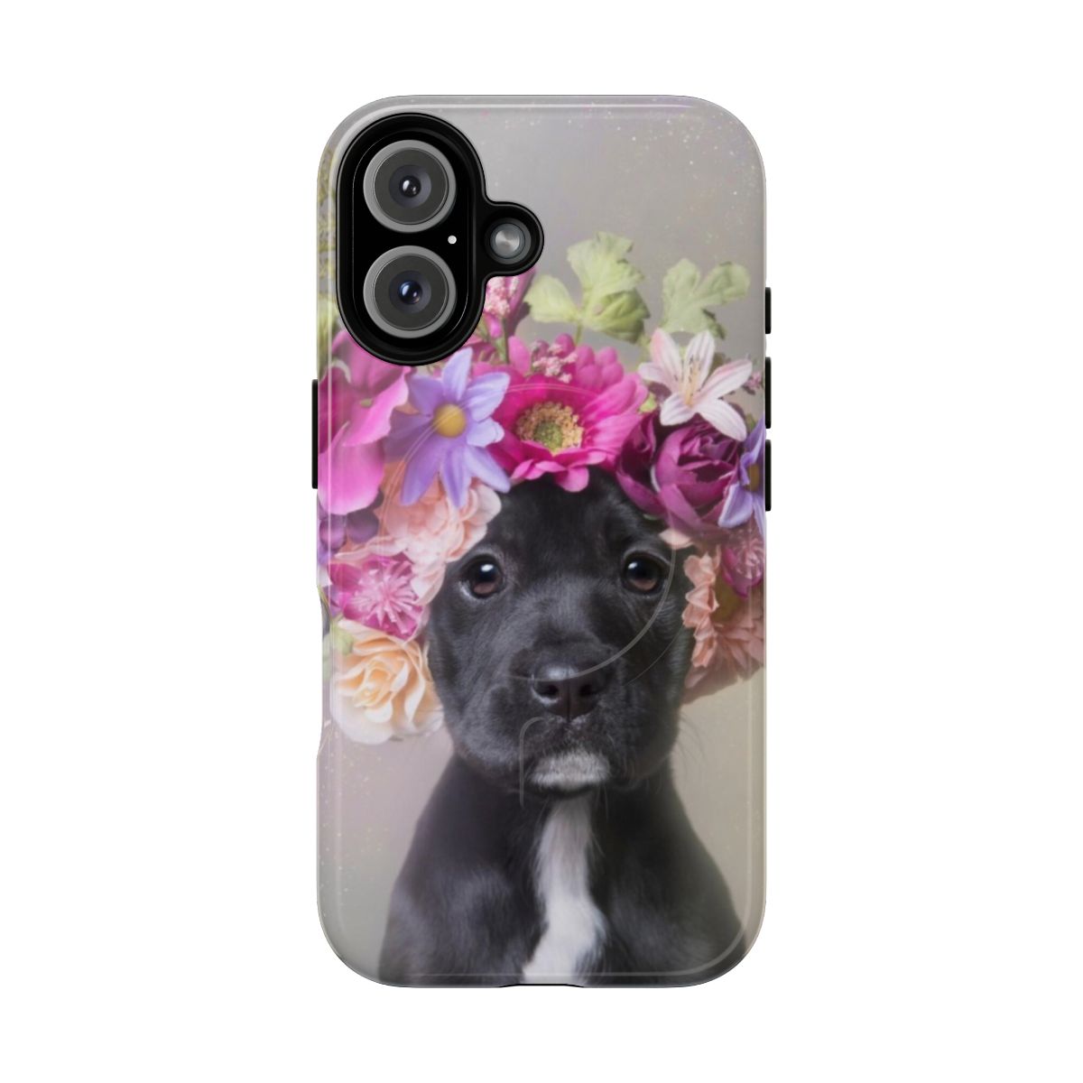 Magnetic tough phone case with floral design, featuring a pitbull in a flower crown.