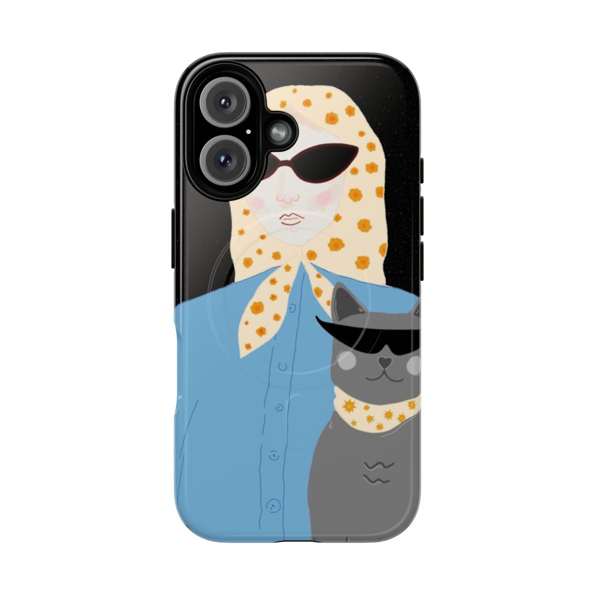 Stylish phone case featuring a girl and her cat wearing sunglasses