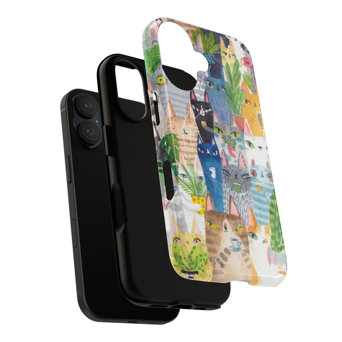 Magnetic tough phone case featuring a vibrant watercolor-style pattern of cats and plants. - Layers