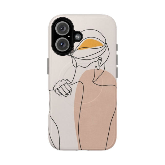 Magnetic phone case featuring a minimalist line art illustration of a nude female figure in a botanical, Scandinavian-inspired design.