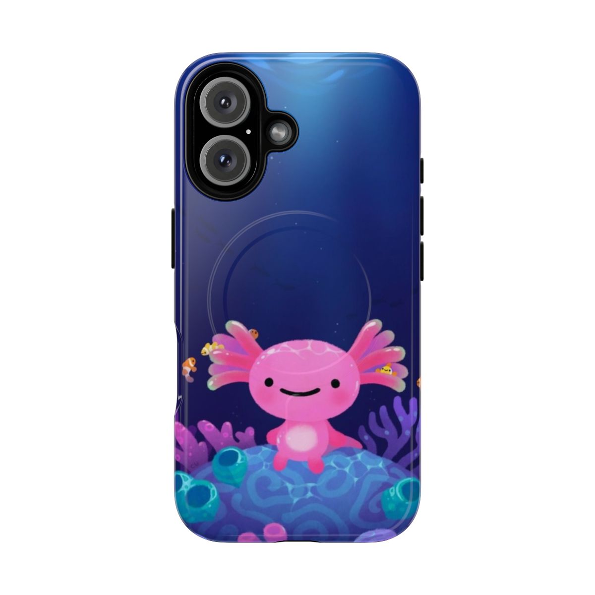 Vibrant coral-colored axolotl design on a protective phone case