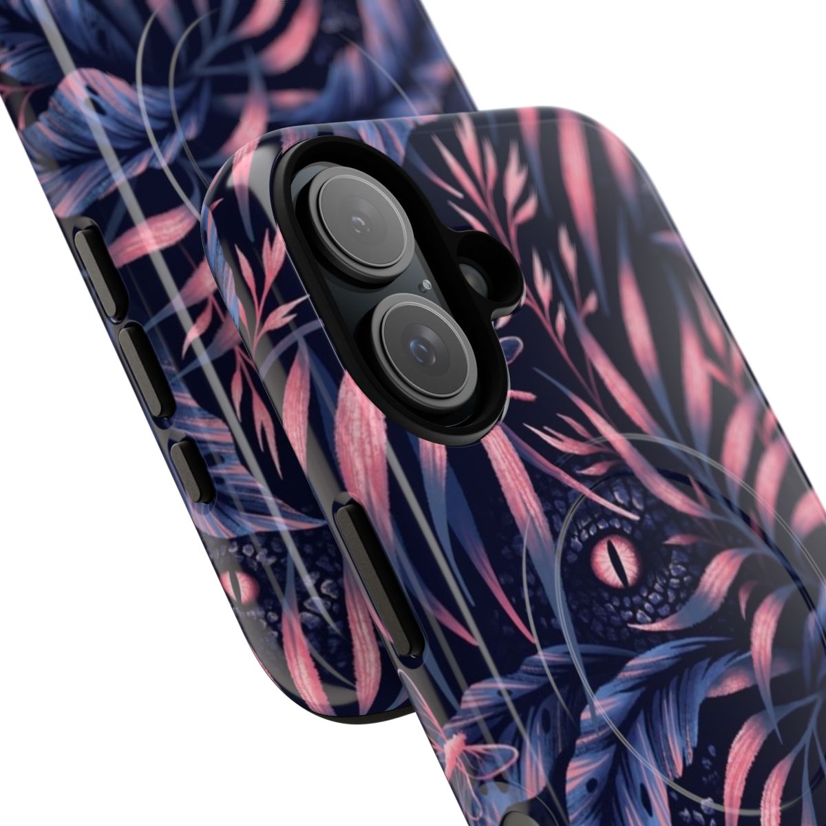 Tropical leaf and jungle-inspired phone case with navy and coral colors - Detail