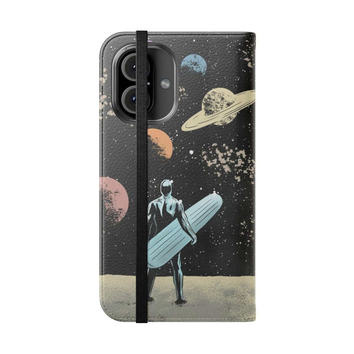 Stylized silver surfer phone case design with cosmic, retro-inspired artwork - Folded Front