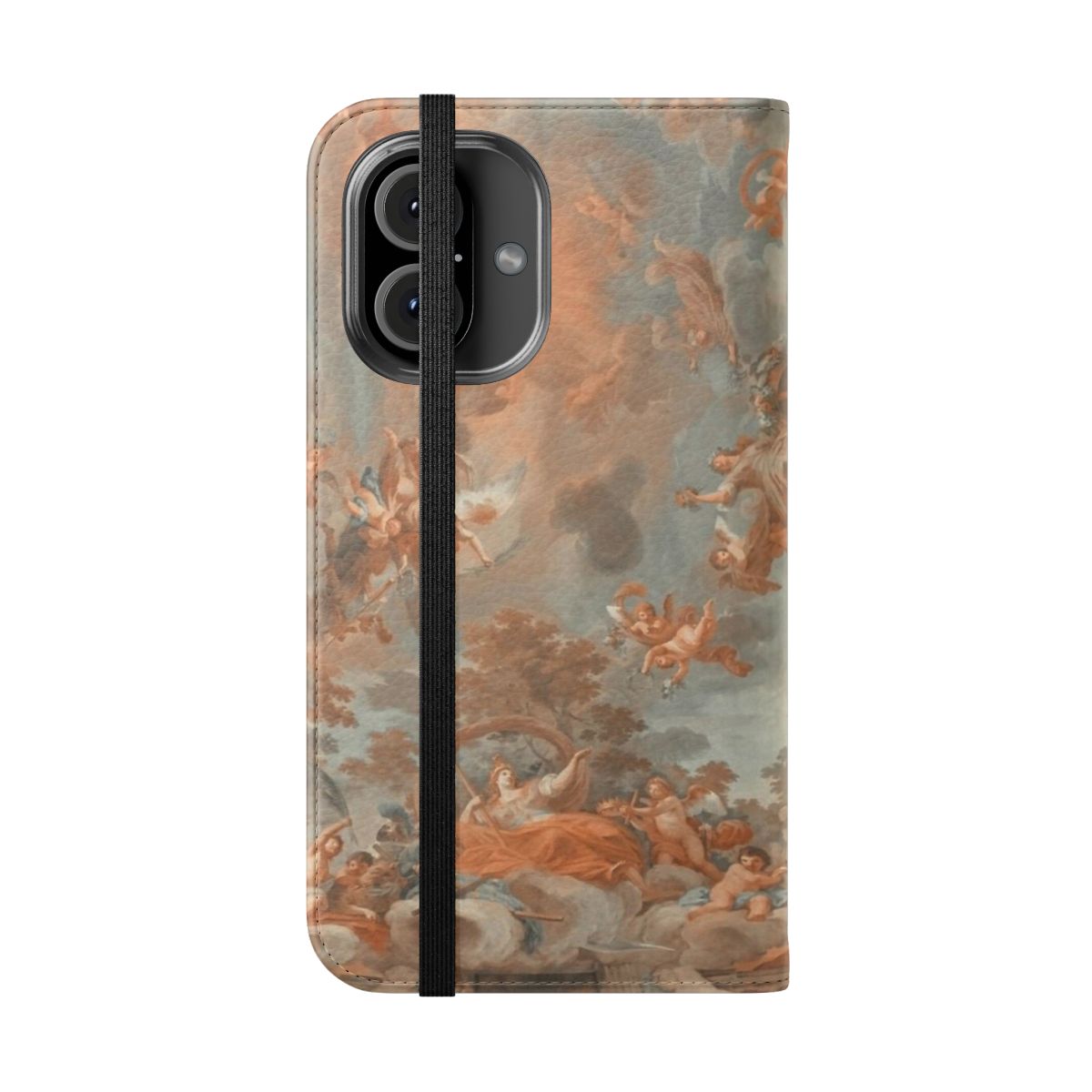 Flip phone case featuring a renaissance-style painting of angelic cherubs - Folded Front