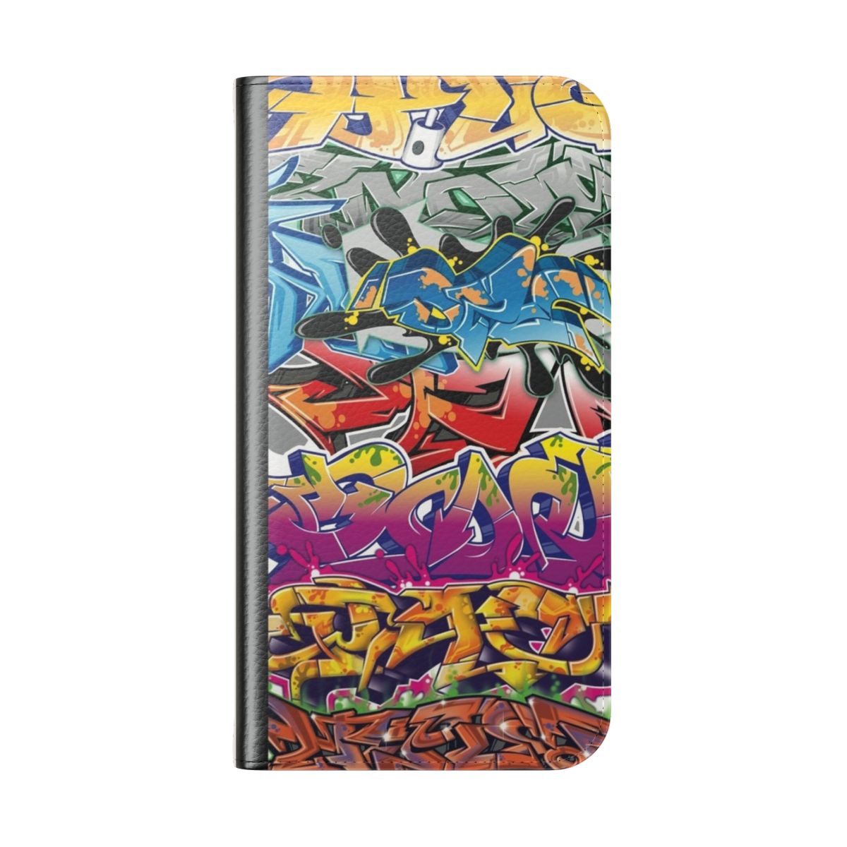 Colorful graffiti-inspired montage design on a flip cover phone case - Folded Back