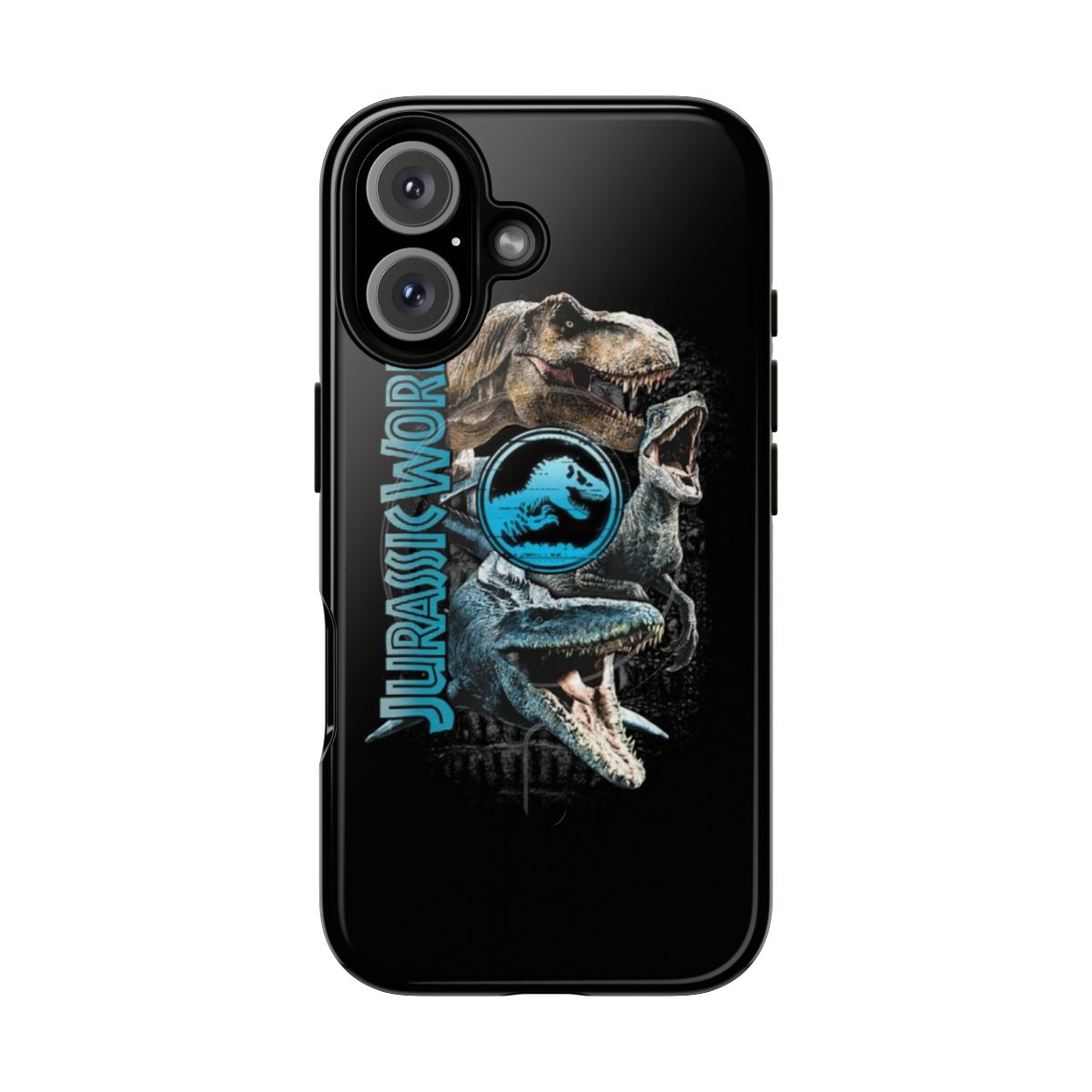 Jurassic Park inspired phone case with blue and purple fossil graphic design