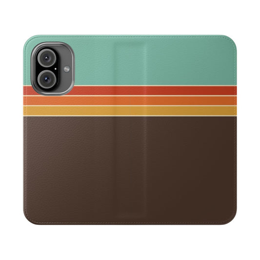 Retro 1970s sporty stripe flip phone case in chocolate, mustard, and pale turquoise colors