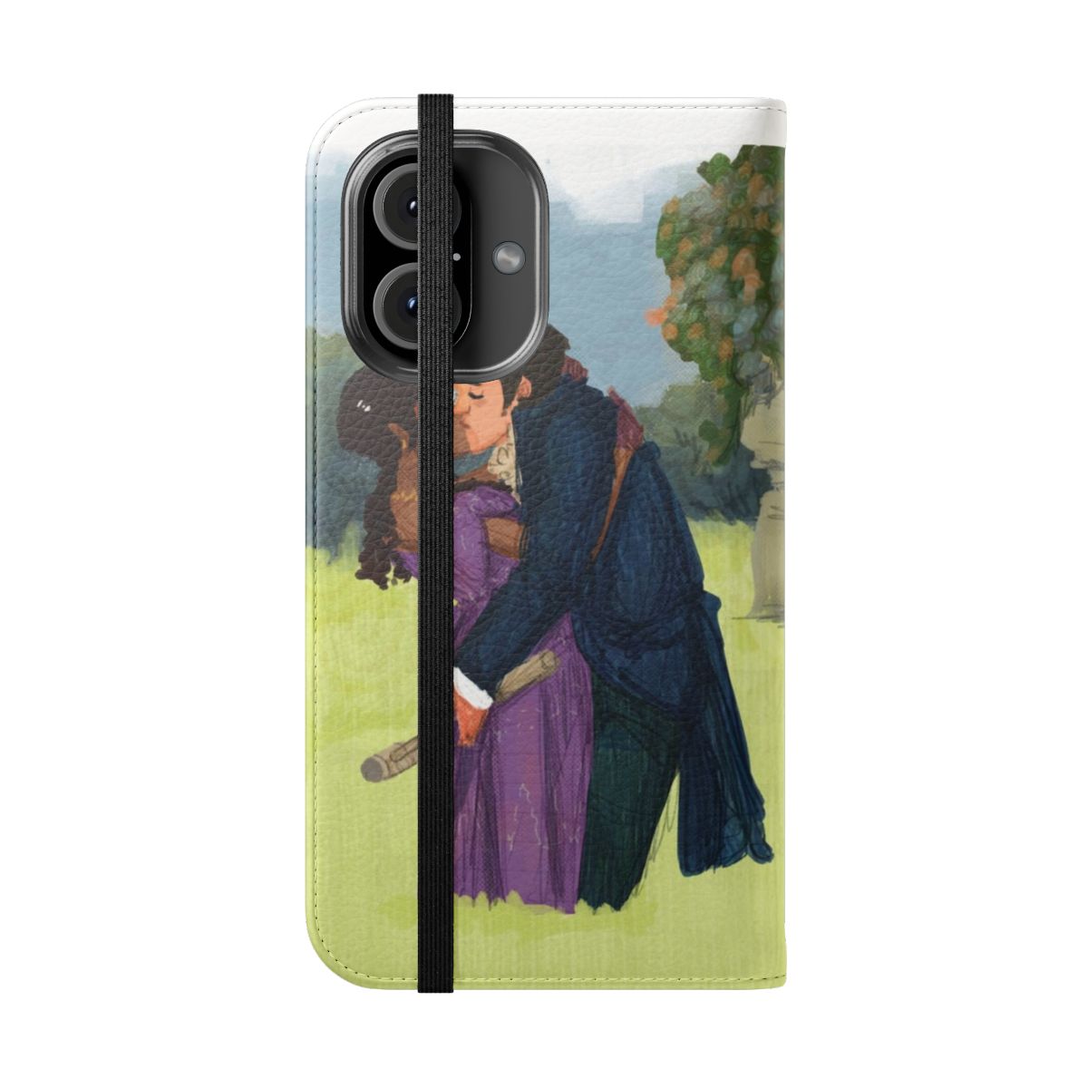 Bridgerton fan art phone case featuring Anthony Bridgerton and Kate Sharma in a romantic couple kiss - Folded Front