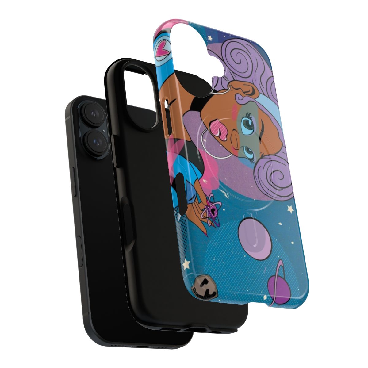 Galaxy-inspired phone case featuring a black woman with purple hair against a cosmic backdrop - Layers