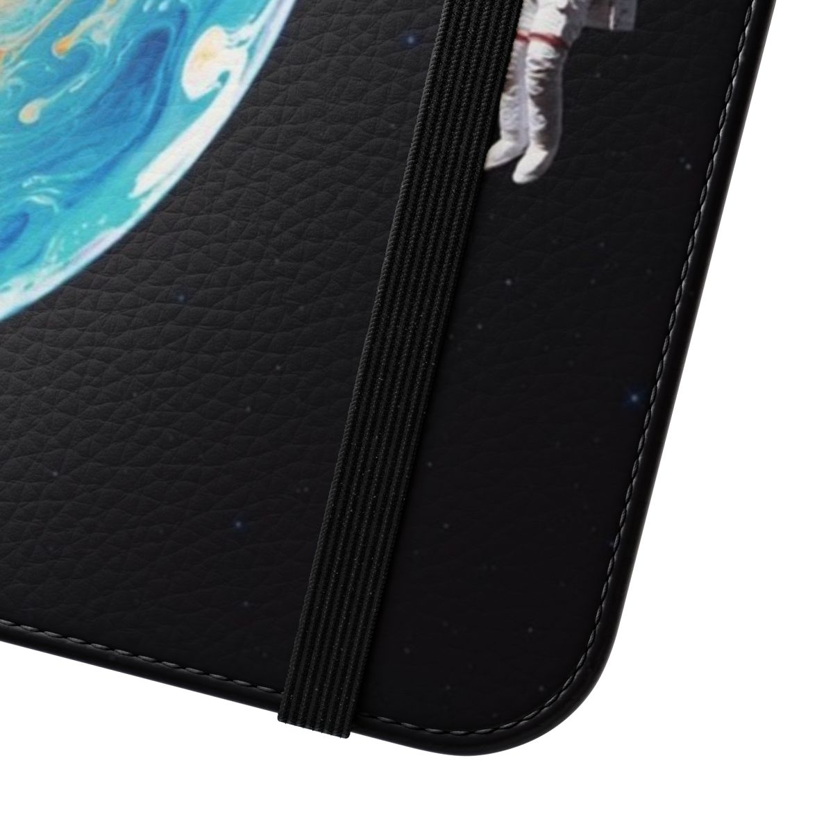 Flip cover phone case with a surreal, space-themed design featuring an astronaut, planets, and cosmic elements. - Close Up