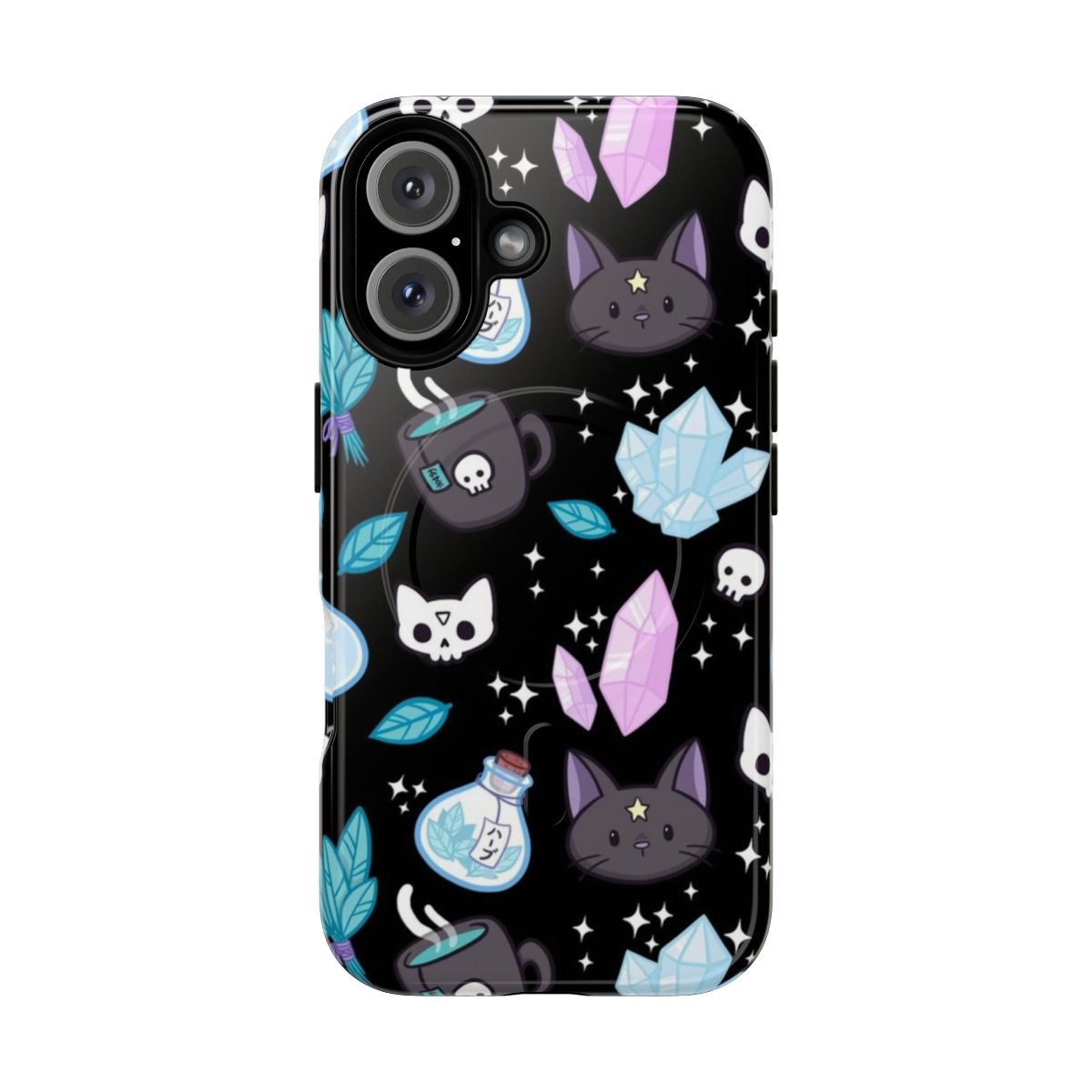 Herb Witch Magnetic Tough Phone Case featuring a black and white pattern with occult and pagan symbols.