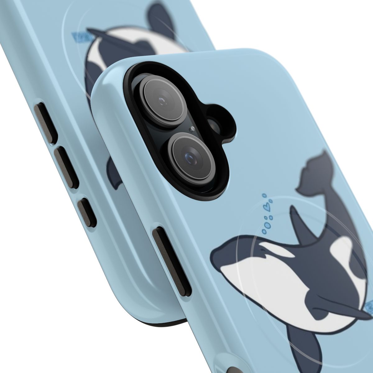 A durable phone case featuring a cute orca or killer whale design with bubbles, hearts, and a magnetic closure. - Detail