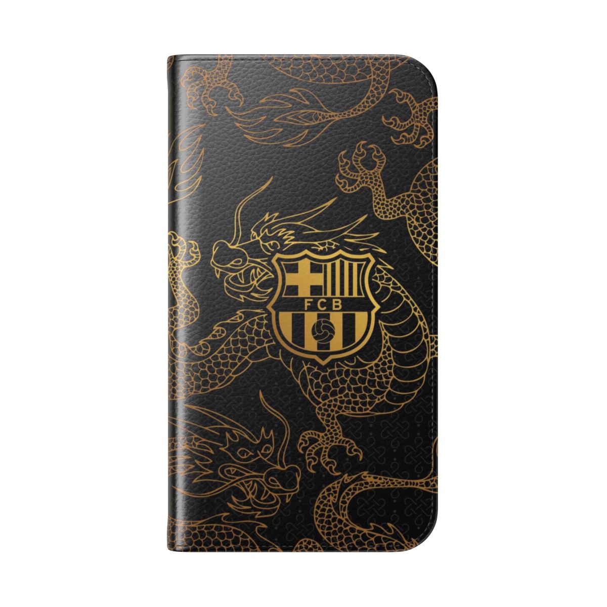 Barca-themed flip cover phone case with a sleek black and gold dragon design - Folded Back