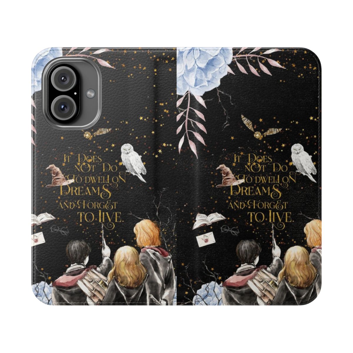 A high-quality flip cover phone case featuring a magical book-inspired design, perfect for book lovers.