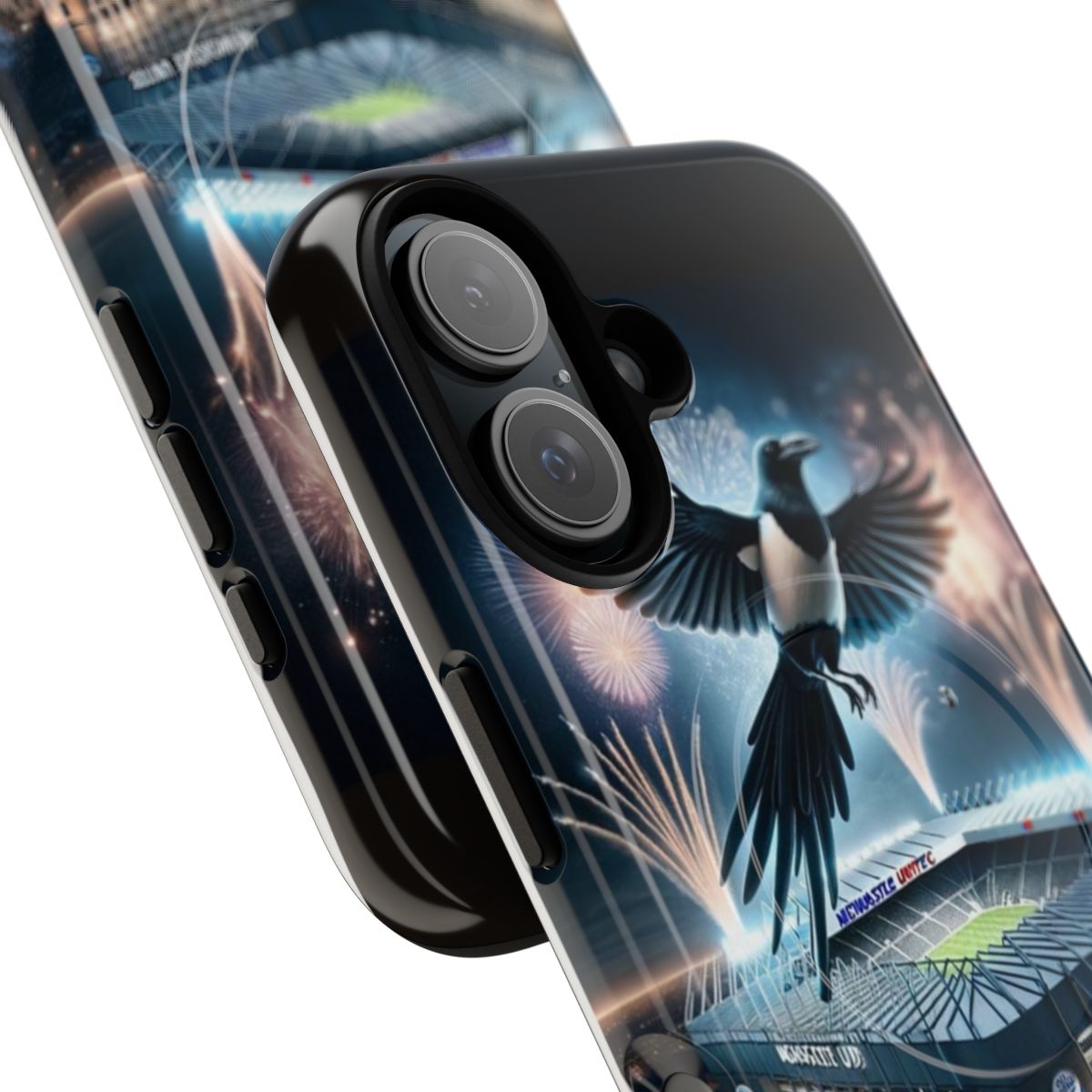 A stylish phone case featuring a night scene of St James' Park, home of Newcastle United Football Club, with a giant magpie and fireworks in the sky. - Detail