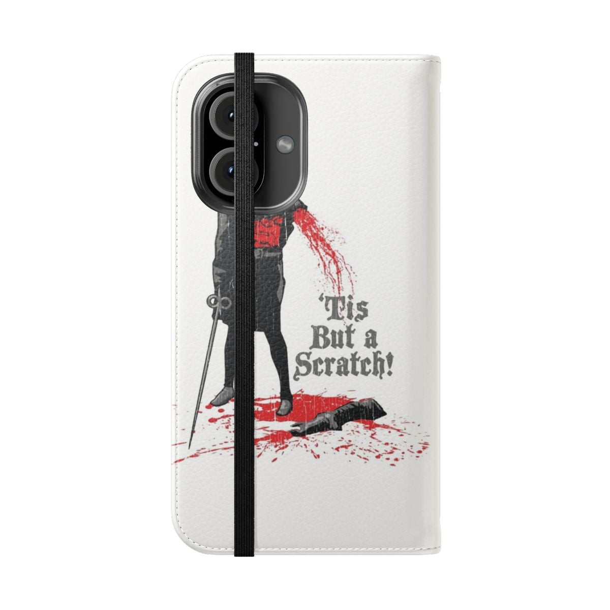 A flip cover phone case featuring a medieval-inspired design, paying homage to the classic Monty Python and the Holy Grail film. - Folded Front