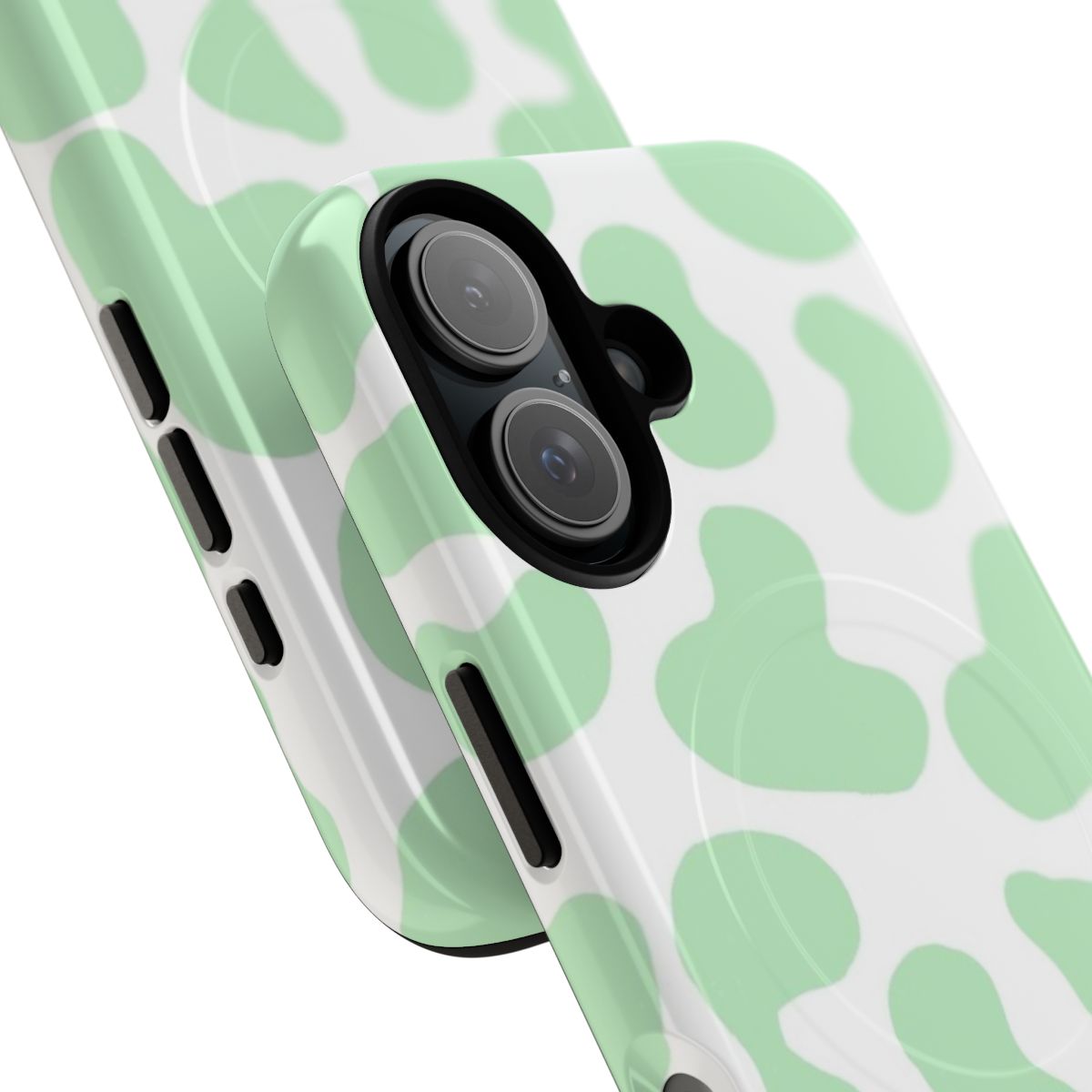 Mint green cow pattern design on a magnetic, durable phone case - Detail