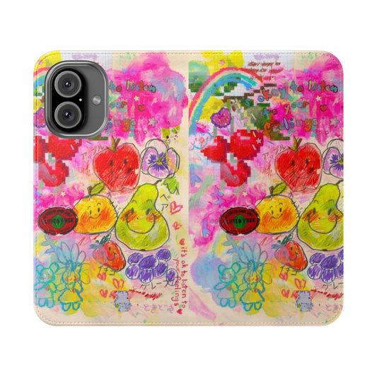 Colorful and vibrant phone case featuring a collage of fruit, text, and rainbow elements in a kidcore, weirdcore aesthetic.