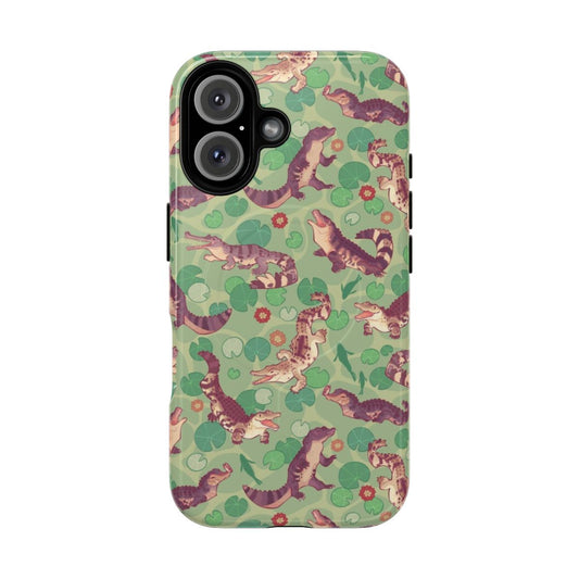 Tough phone case with a crocodilian pattern in a swampy, natural setting