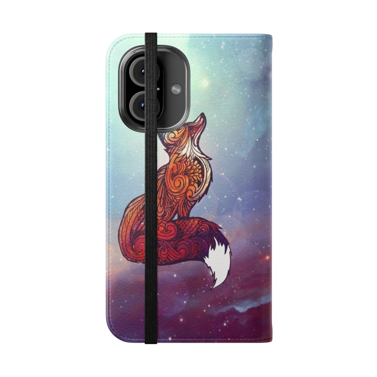 Space-themed flip phone case with a cosmic fox design - Folded Front