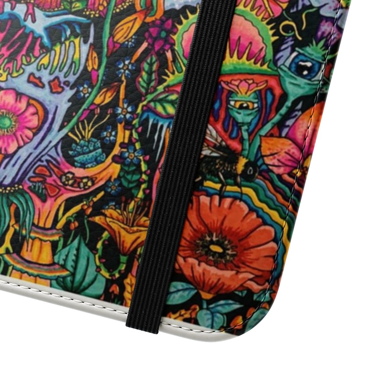 Colorful, trippy, and psychedelic phone case with a magical garden design featuring snakes and mushrooms. - Close Up