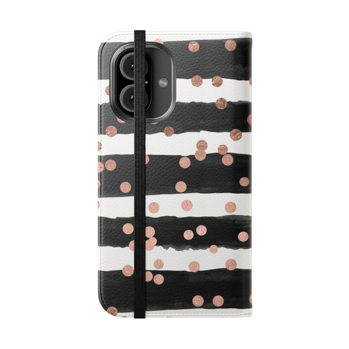 Rose gold confetti and black watercolor stripes pattern on a protective phone case - Folded Front