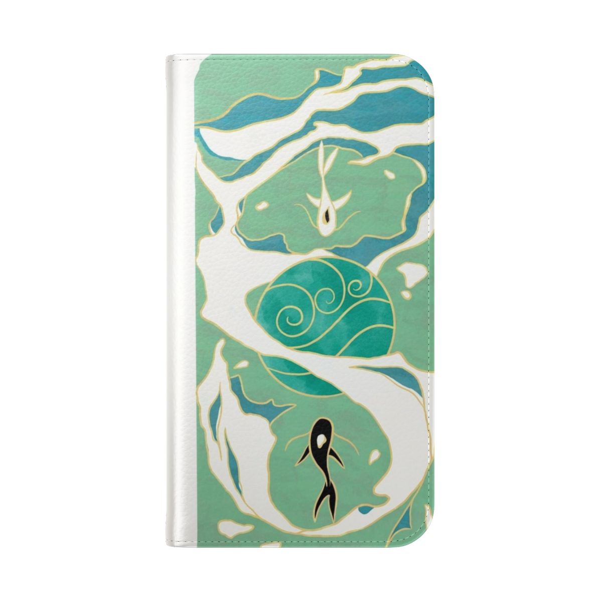 Water Tribe-themed flip cover phone case with blue and teal colors, koi fish, and yin-yang symbols - Folded Back