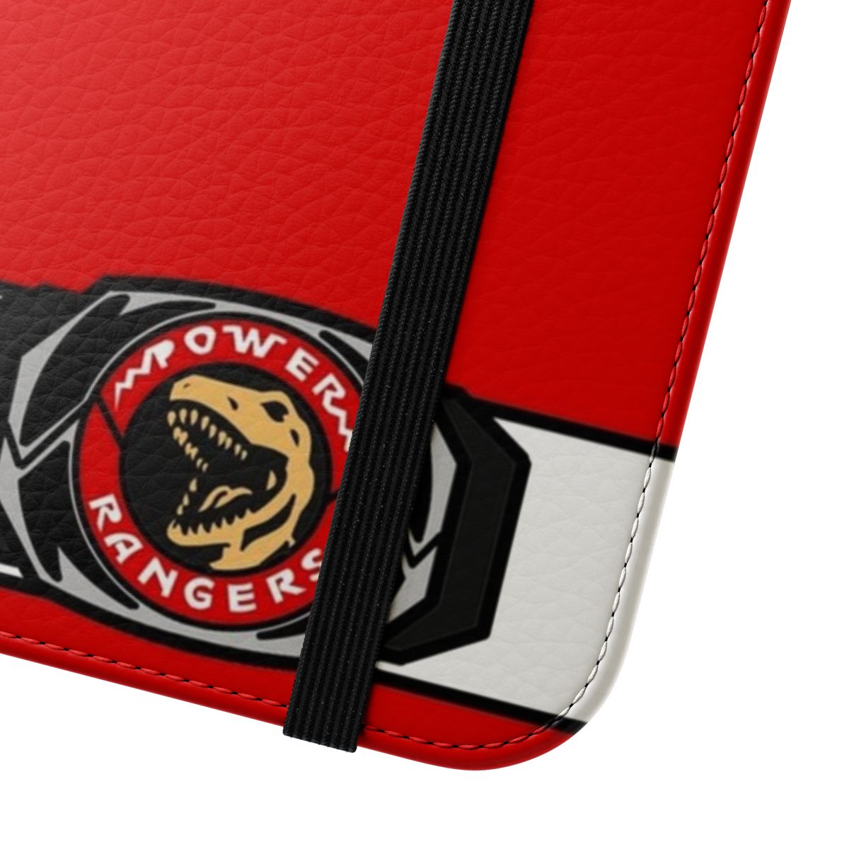 Red phone case with a Tyrannosaurus design, perfect for Power Rangers enthusiasts. - Close Up