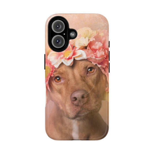 Pitbull puppy wearing a flower crown on a durable, magnetic phone case