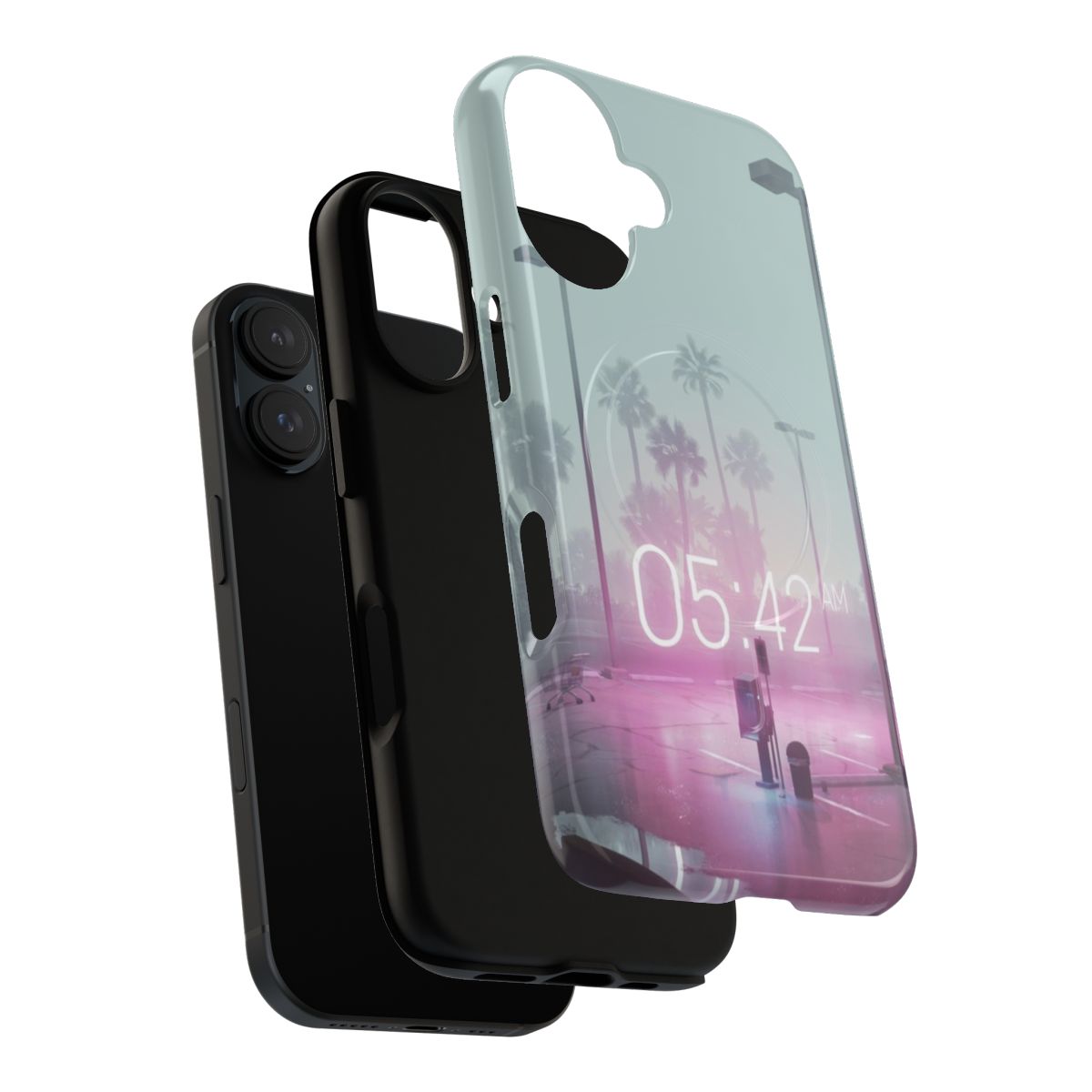 Sleek and stylish vaporwave-inspired phone case with neon lights, palm trees, and retro aesthetic - Layers