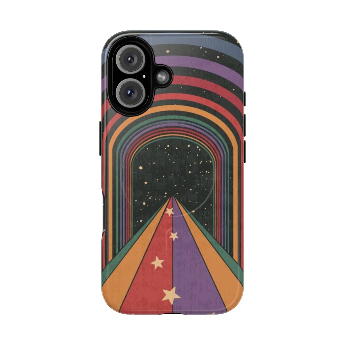 Retro psychedelic phone case featuring The Doors "Break On Through to the Other Side" artwork with cosmic rainbow and stars design.