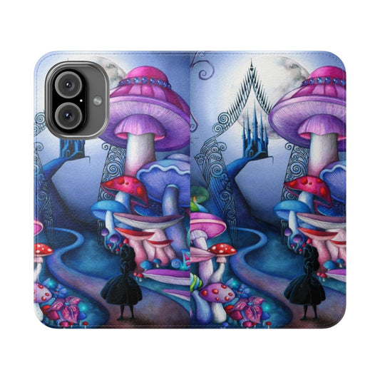 Flip phone case with an Alice in Wonderland inspired watercolor design featuring silhouettes of mushrooms and the title "Alice Gates to Wonderland"