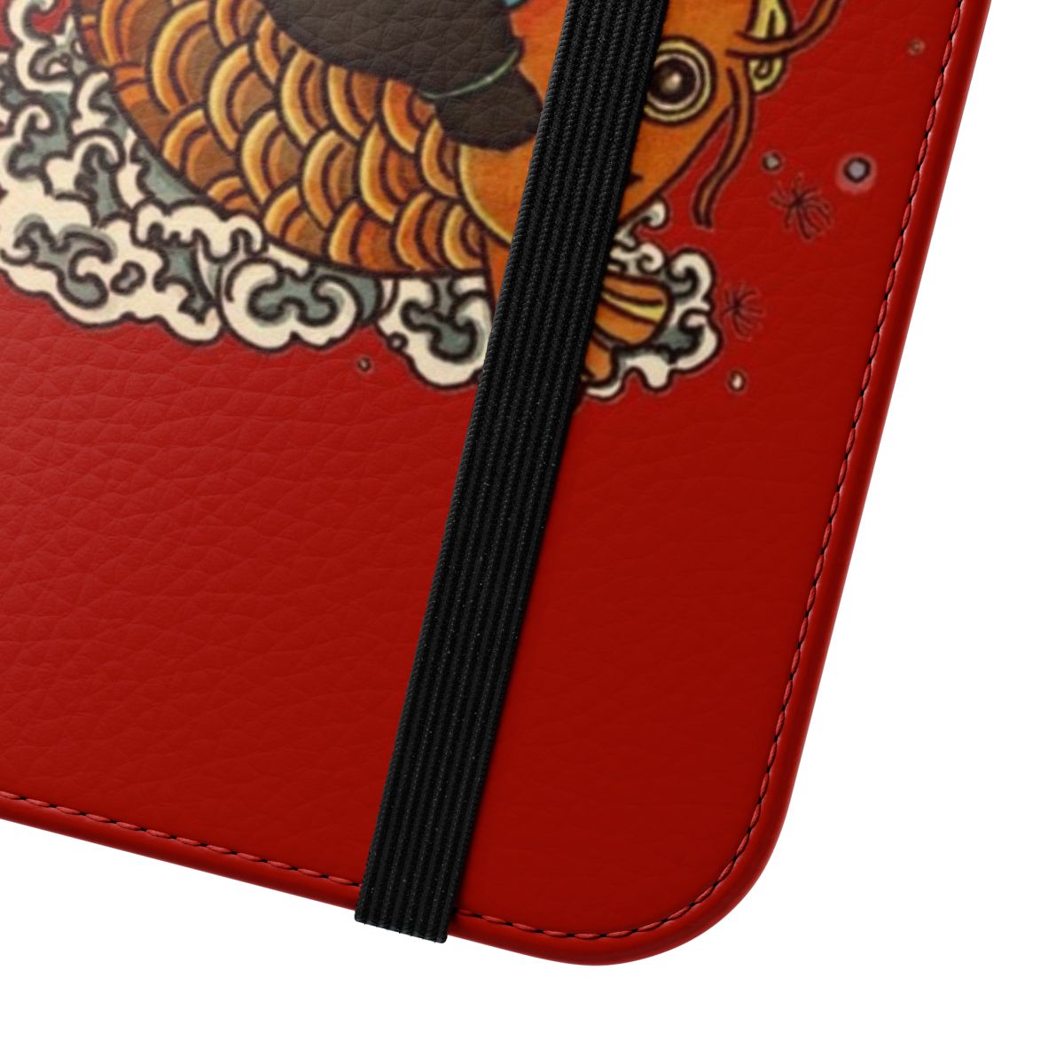 Flip cover phone case with hand-drawn panda, koi, and floral designs in an Asian-inspired style. - Close Up