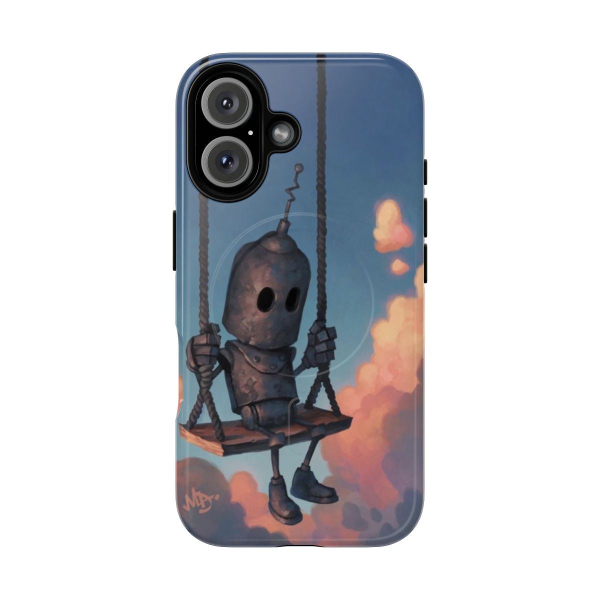 A magnetic phone case featuring a robot and weather-themed design.