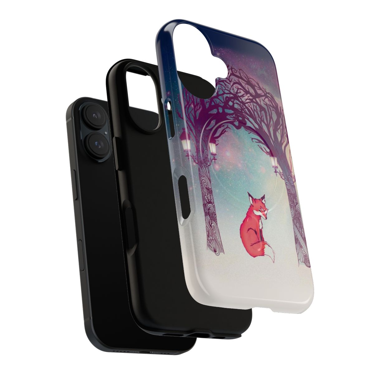 Magnetic tough phone case featuring a whimsical illustration of a fox in a forest with a lantern - Layers