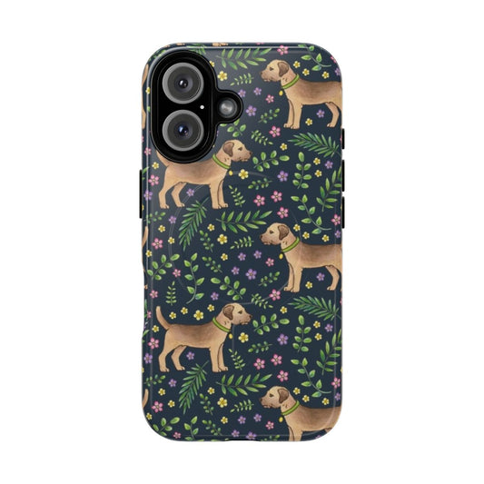 A phone case featuring a botanical floral pattern on a navy background, perfect for Border Terrier owners.