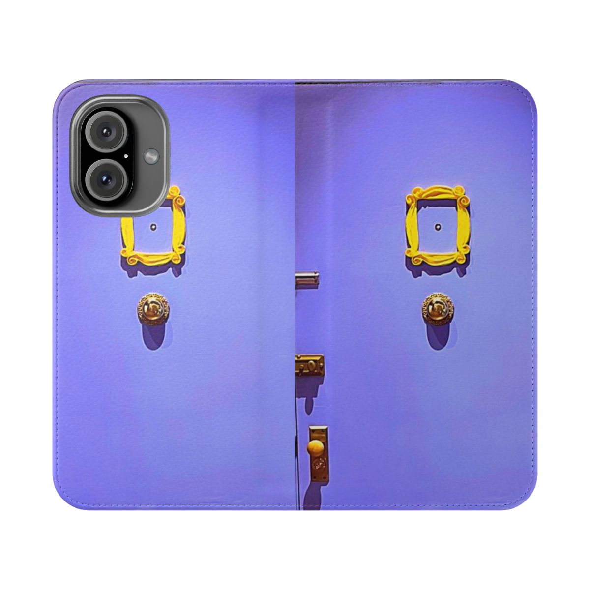 Vibrant purple and yellow phone case with a door-inspired design, perfect for fans of pop culture and New York City living.