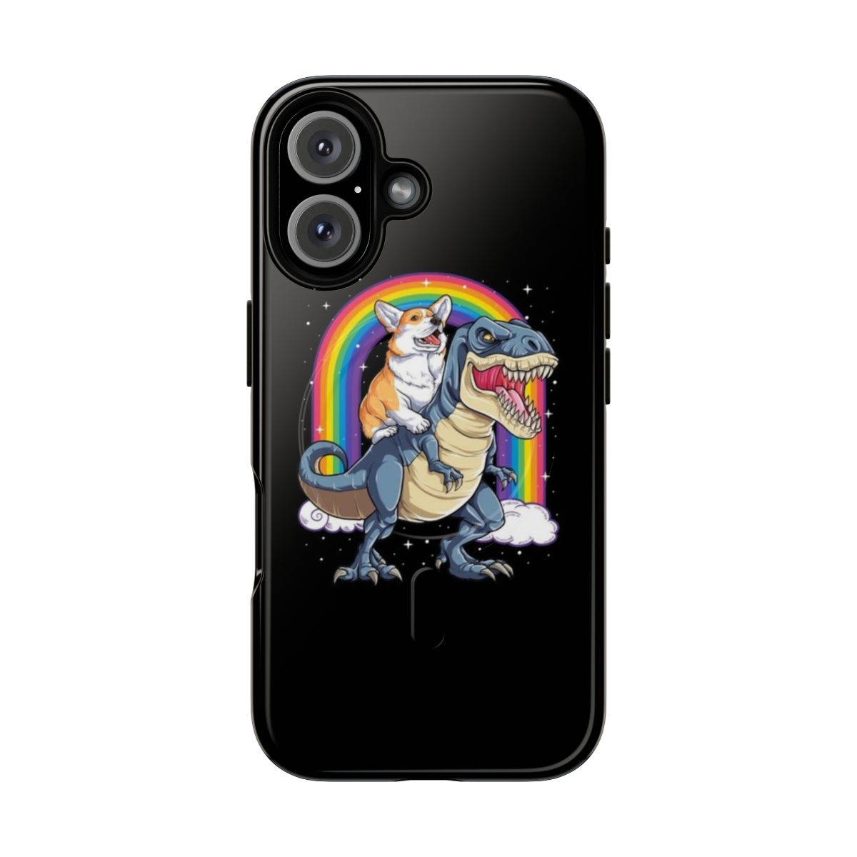 Illustration of a corgi riding a T-Rex dinosaur on a colorful rainbow background, printed on a phone case.