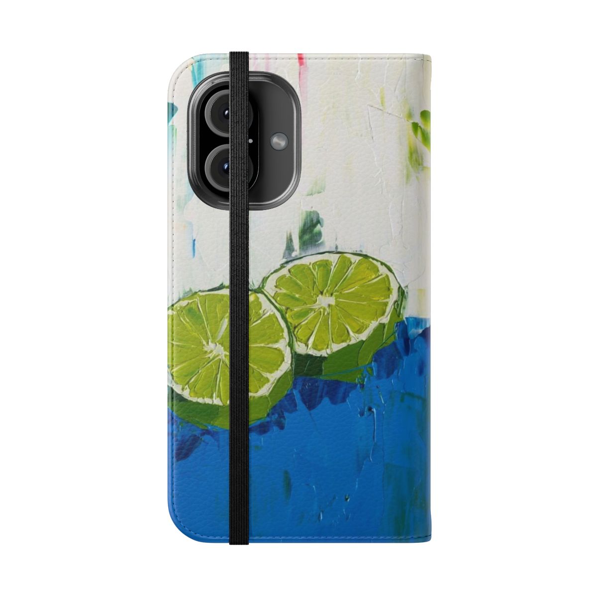 Lime green phone case featuring an original oil painting still life design - Folded Front